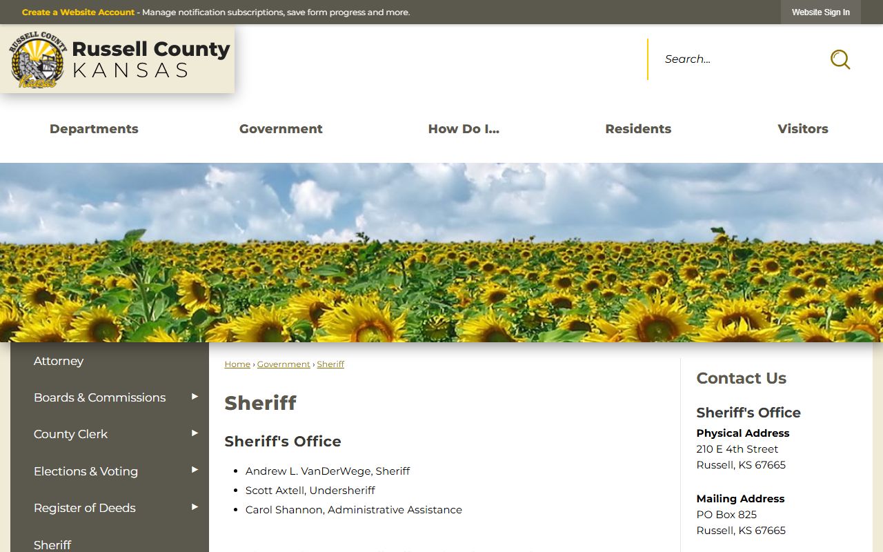 Russell County official sheriff page with sheriff contact information